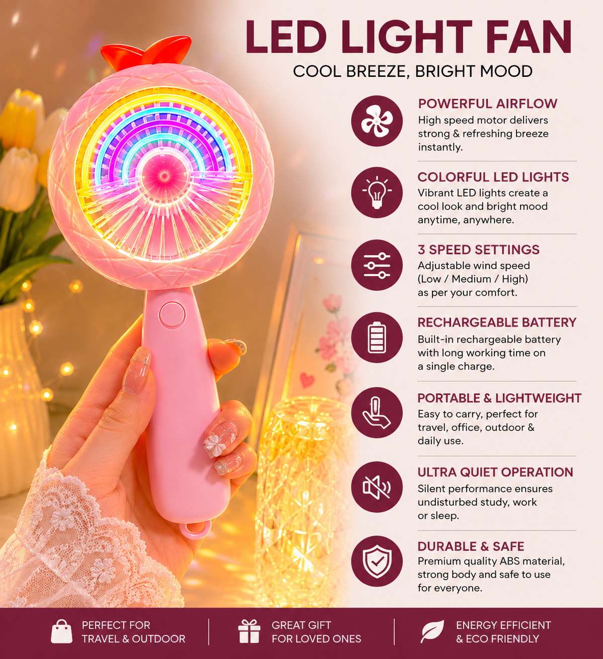 Cute Rechargeable Rainbow LED Fan β Portable Hand Fan with Multicolor Night Light
