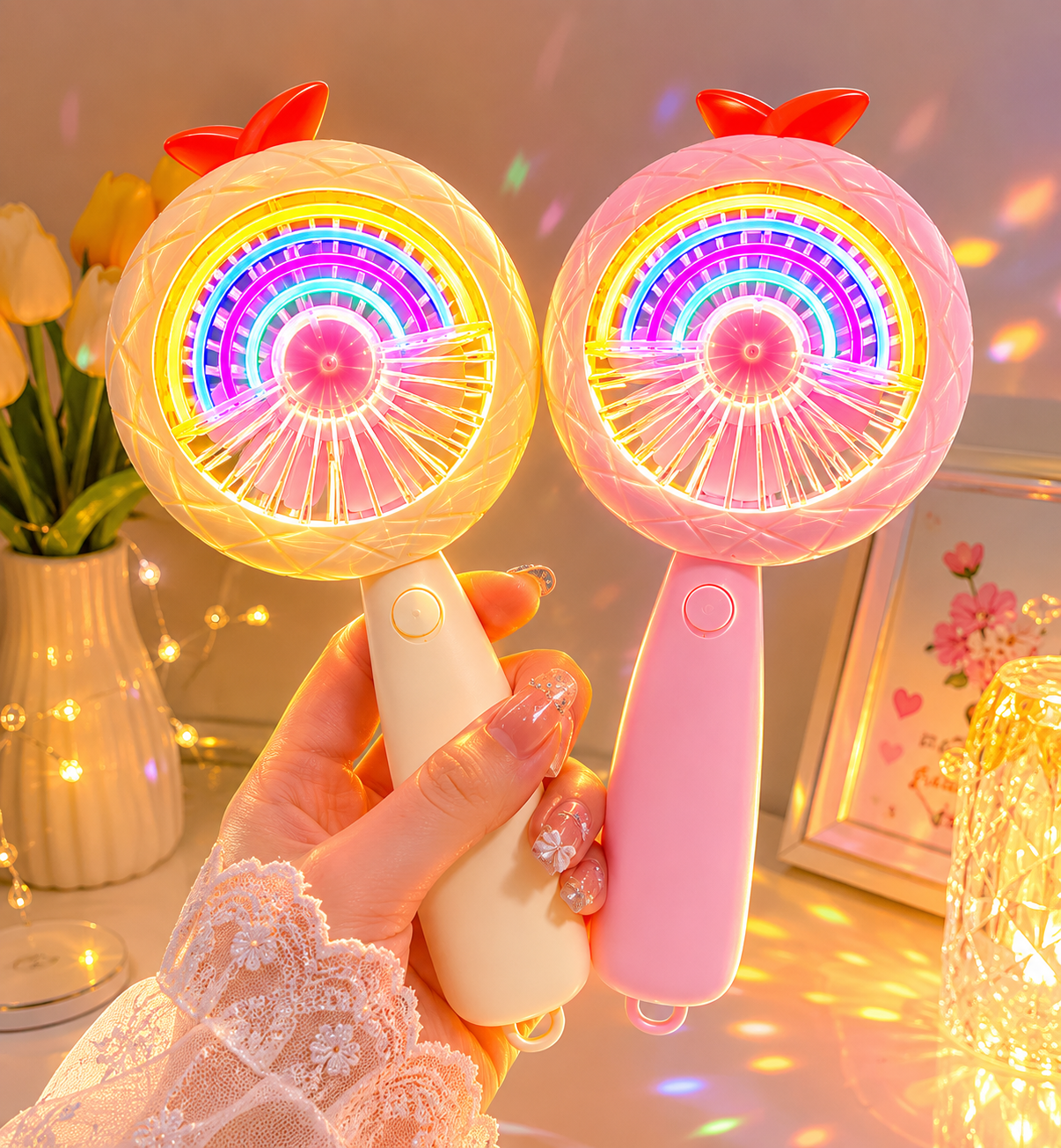 Cute Rechargeable Rainbow LED Fan – Portable Hand Fan with Multicolor Night Light