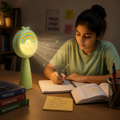 Cute Rechargeable Rainbow LED Fan – Portable Hand Fan with Multicolor Night Light