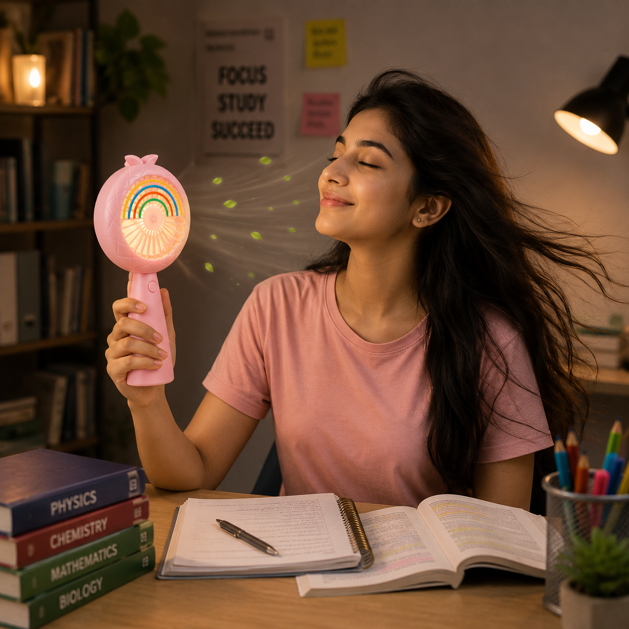 Cute Rechargeable Rainbow LED Fan – Portable Hand Fan with Multicolor Night Light